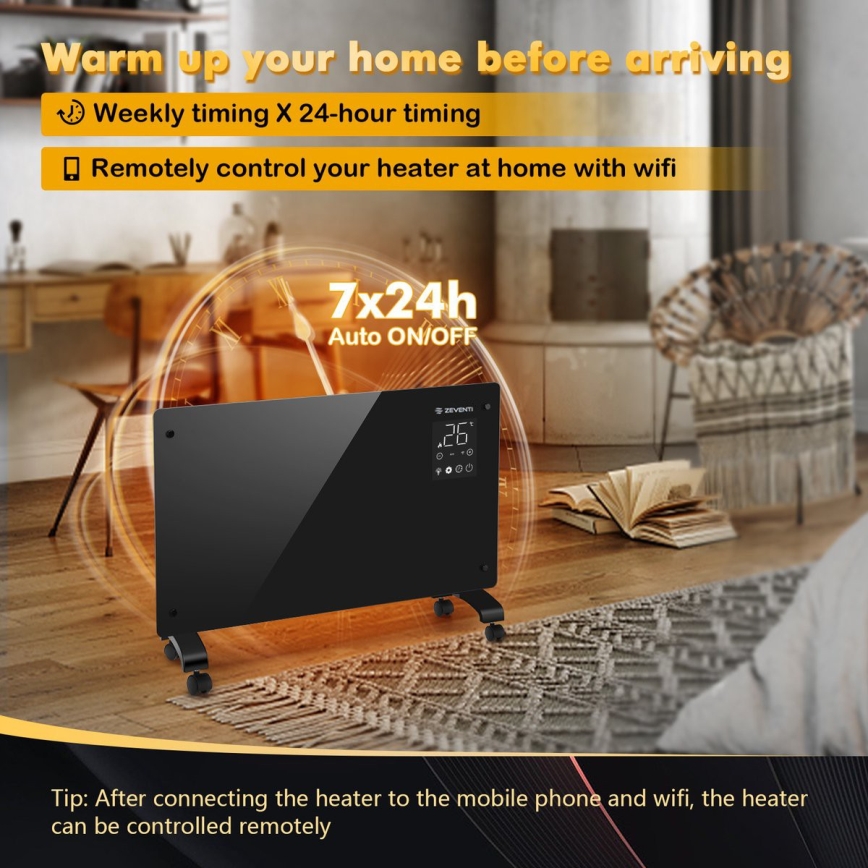 ZEVENTI - Radiateur électrique intelligent/convecteur avec écran LCD ECO/1000/2000 W/230 V Wi-Fi noir