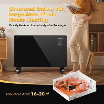 ZEVENTI - Radiateur électrique intelligent/convecteur avec écran LCD ECO/1000/2000 W/230 V Wi-Fi noir
