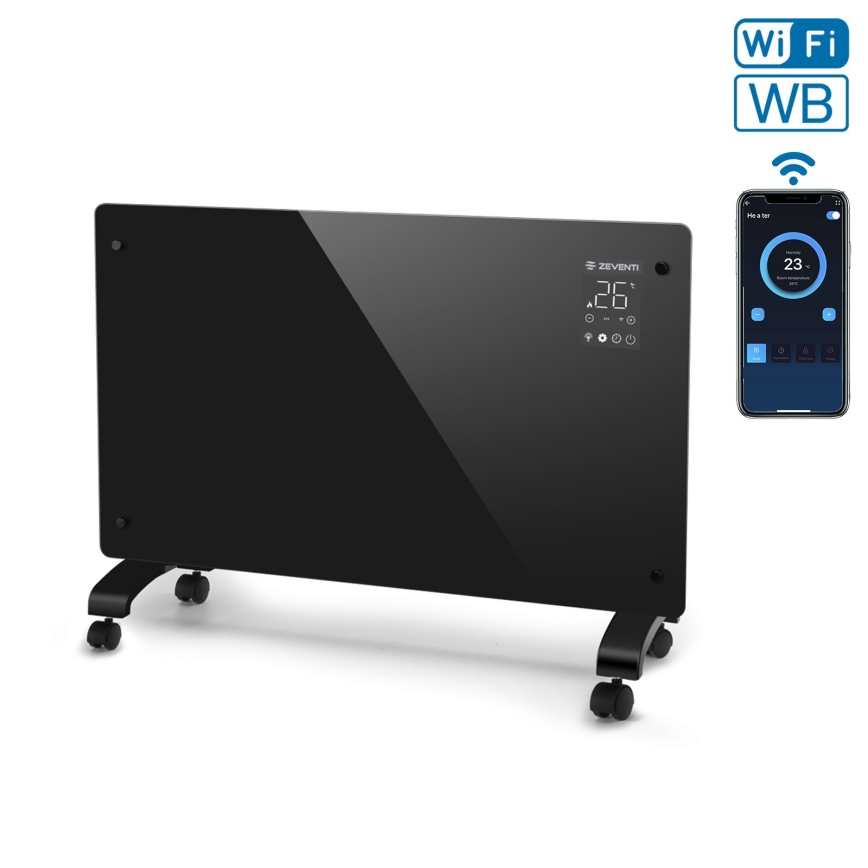 ZEVENTI - Radiateur électrique intelligent/convecteur avec écran LCD ECO/1000/2000 W/230 V Wi-Fi noir
