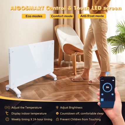 ZEVENTI - Radiateur/convecteur électrique intelligent avec écran LCD ECO/1000/2000W/230V Wi-Fi blanc