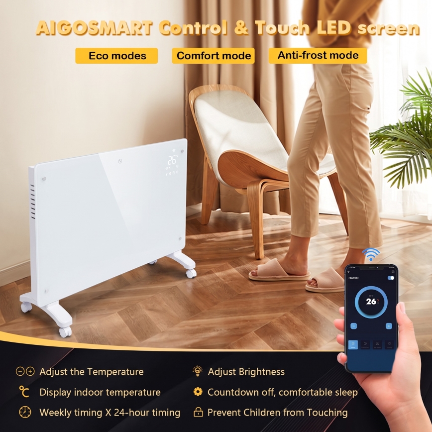 ZEVENTI - Radiateur/convecteur électrique intelligent avec écran LCD ECO/1000/2000W/230V Wi-Fi blanc