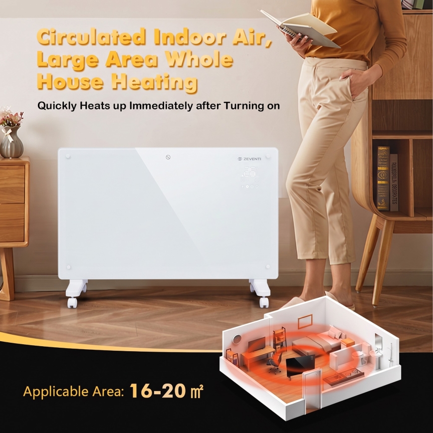 ZEVENTI - Radiateur/convecteur électrique intelligent avec écran LCD ECO/1000/2000W/230V Wi-Fi blanc