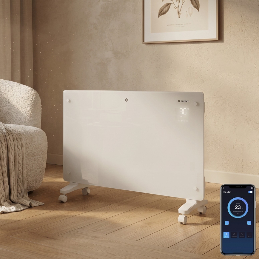 ZEVENTI - Radiateur électrique mural intelligent/convecteur avec écran LCD 1000/2000W/230V Wi-Fi blanc