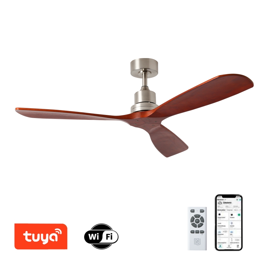 ZEVENTI - Ventilateur de plafond LIONI Wi-Fi Tuya chrome mat/chêne + Télécommande