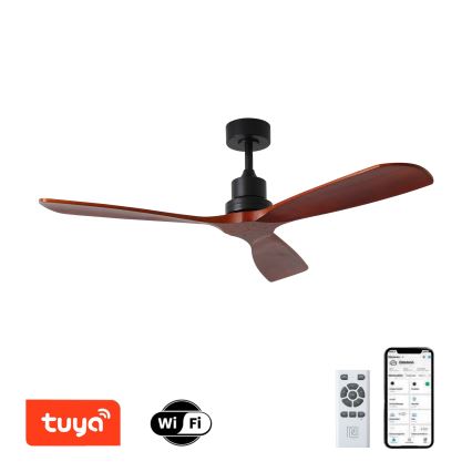 ZEVENTI - Ventilateur de plafond LIONI Wi-Fi Tuya noir/chêne + télécommande