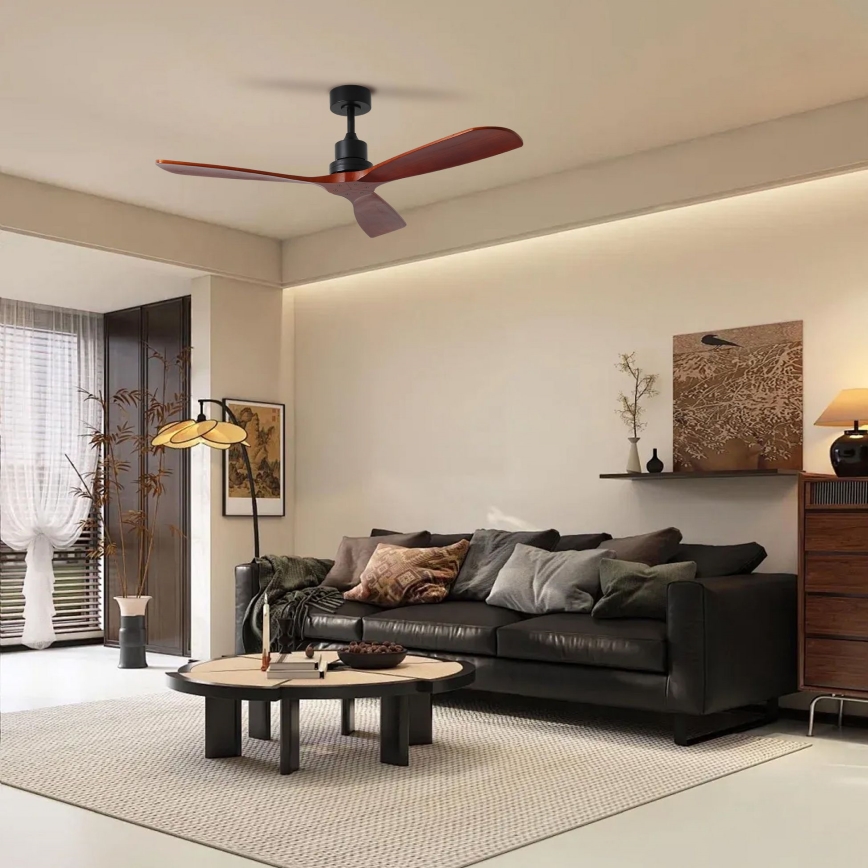 ZEVENTI - Ventilateur de plafond LIONI Wi-Fi Tuya noir/chêne + télécommande