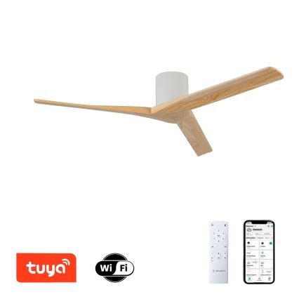 ZEVENTI - Ventilateur de plafond VELLON Wi-Fi Tuya blanc/bois de paulownia + télécommande