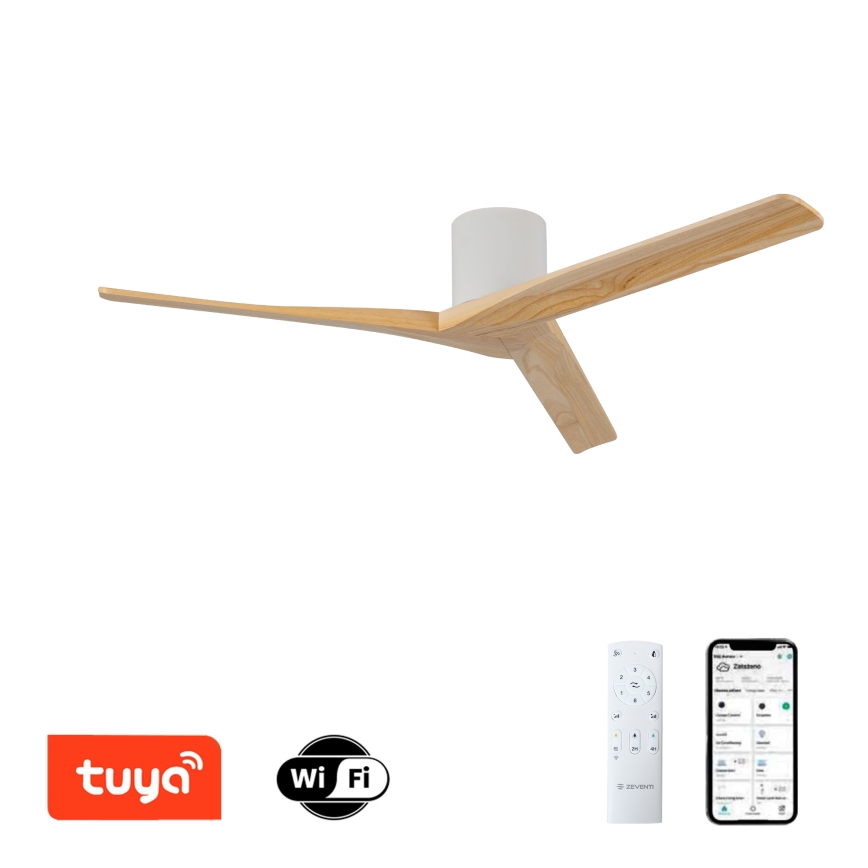 ZEVENTI - Ventilateur de plafond VELLON Wi-Fi Tuya blanc/bois de paulownia + télécommande