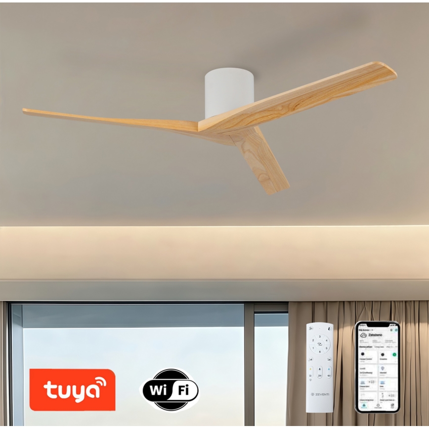 ZEVENTI - Ventilateur de plafond VELLON Wi-Fi Tuya blanc/bois de paulownia + télécommande