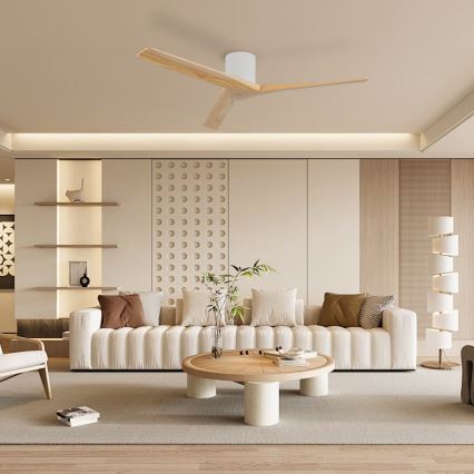 ZEVENTI - Ventilateur de plafond VELLON Wi-Fi Tuya blanc/bois de paulownia + télécommande