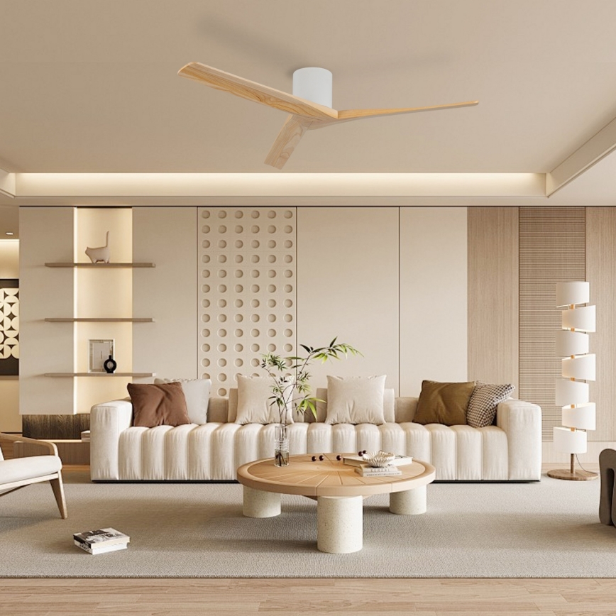 ZEVENTI - Ventilateur de plafond VELLON Wi-Fi Tuya blanc/bois de paulownia + télécommande