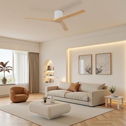 ZEVENTI - Ventilateur de plafond VELLON Wi-Fi Tuya blanc/bois de paulownia + télécommande
