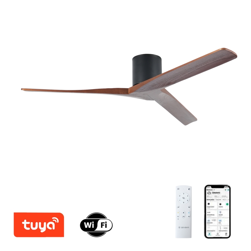 ZEVENTI - Ventilateur de plafond VELLON Wi-Fi Tuya noir/noyer + télécommande