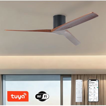 ZEVENTI - Ventilateur de plafond VELLON Wi-Fi Tuya noir/noyer + télécommande