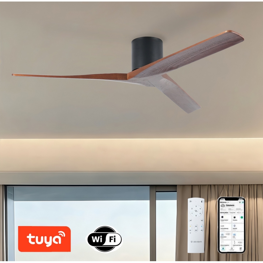 ZEVENTI - Ventilateur de plafond VELLON Wi-Fi Tuya noir/noyer + télécommande