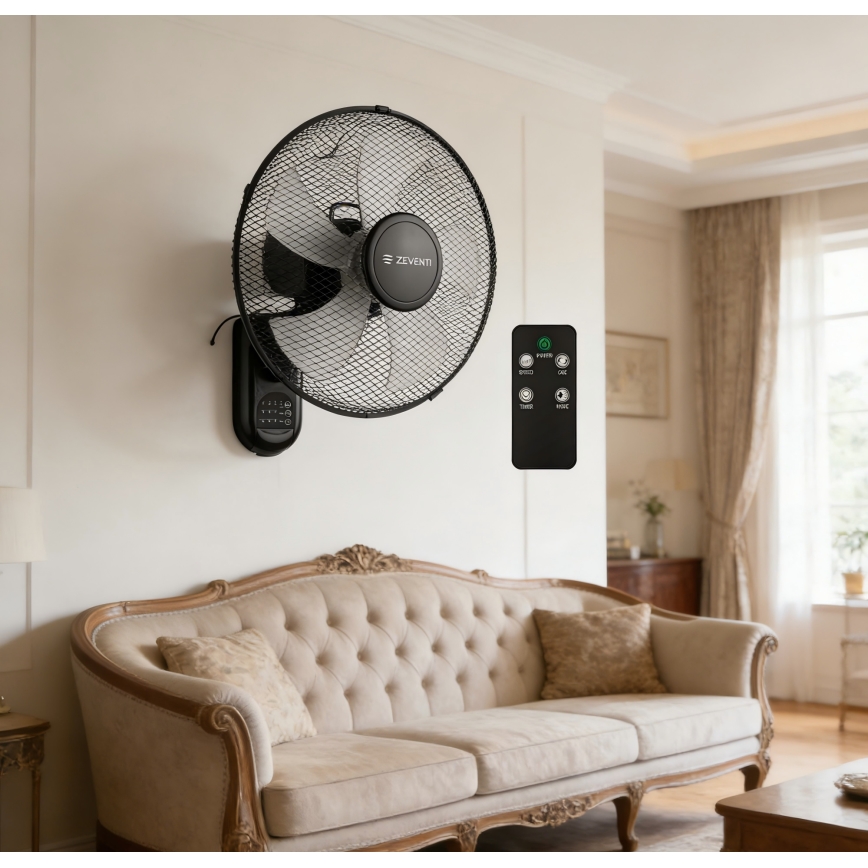 ZEVENTI - Ventilateur mural FANNY 45W/230V Ø 41 cm noir avec télécommande
