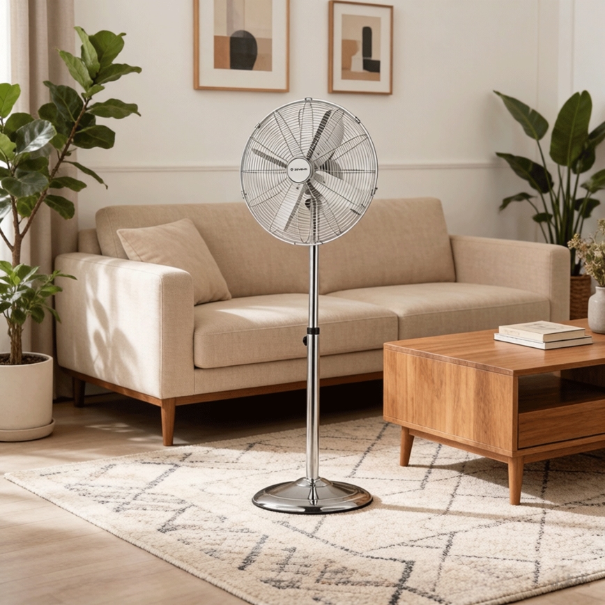 ZEVENTI - Ventilateur sur pied FLOW 50 W/230 V, hauteur 125 cm, chromé brillant