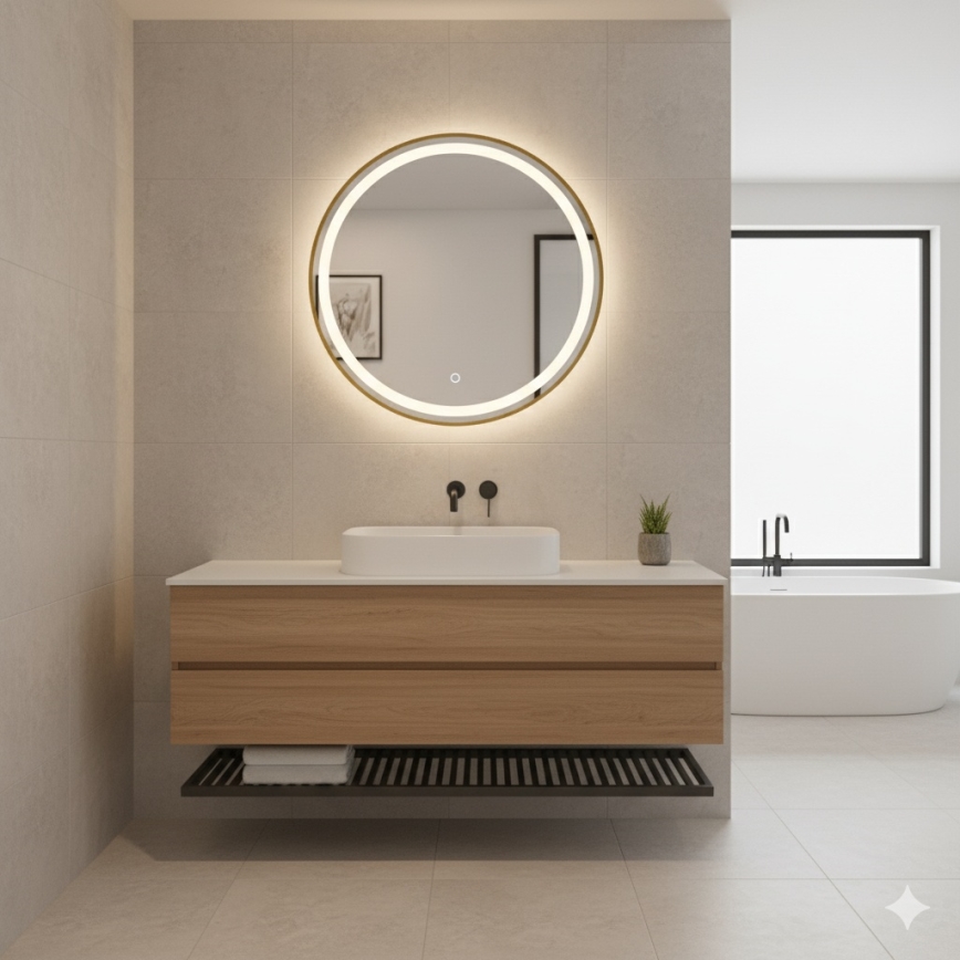 Zuma Line - Miroir mural LED pour salle de bains, rétroéclairage LED intégré, 36W/230V, 3000/4000/6000K, Ø 80 cm, IP44, finition dorée