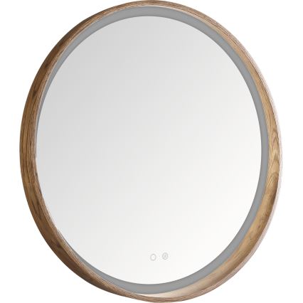 Zuma Line - Miroir mural chauffant pour salle de bains, rétroéclairé LED, 36W/230V, 3000/4000/6000K, Ø 80 cm, IP44, finition chêne