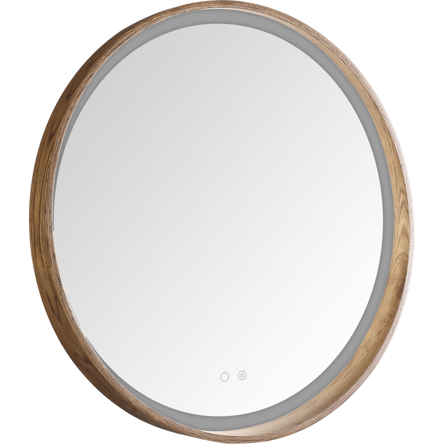 Zuma Line - Miroir mural chauffant pour salle de bains, rétroéclairé LED, 36W/230V, 3000/4000/6000K, Ø 80 cm, IP44, finition chêne