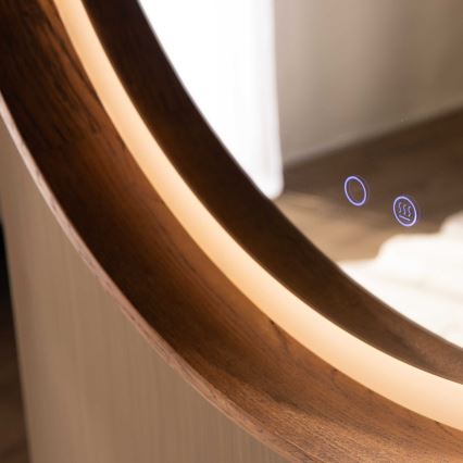 Zuma Line - Miroir mural chauffant pour salle de bains, rétroéclairé LED, 36W/230V, 3000/4000/6000K, Ø 80 cm, IP44, finition chêne
