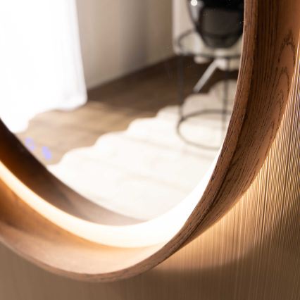 Zuma Line - Miroir mural chauffant pour salle de bains, rétroéclairé LED, 36W/230V, 3000/4000/6000K, Ø 80 cm, IP44, finition chêne