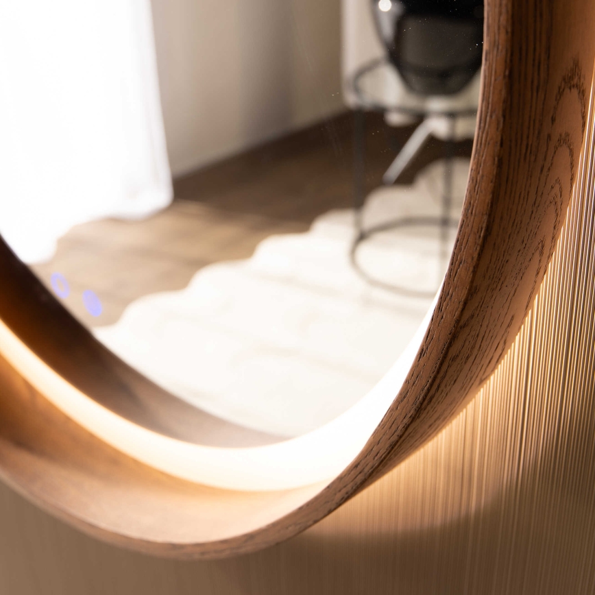 Zuma Line - Miroir mural chauffant pour salle de bains, rétroéclairé LED, 36W/230V, 3000/4000/6000K, Ø 80 cm, IP44, finition chêne