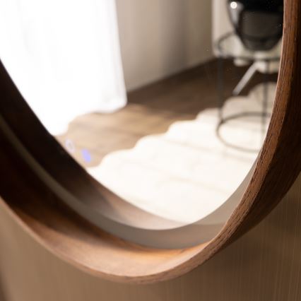 Zuma Line - Miroir mural chauffant pour salle de bains, rétroéclairé LED, 36W/230V, 3000/4000/6000K, Ø 80 cm, IP44, finition chêne