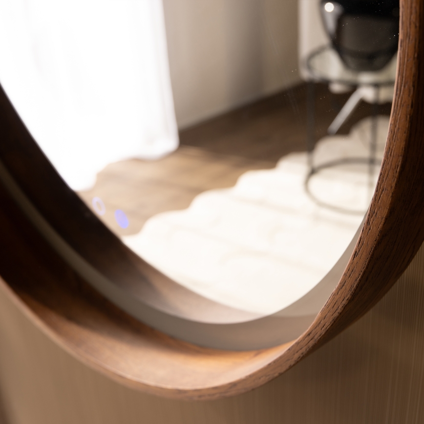 Zuma Line - Miroir mural chauffant pour salle de bains, rétroéclairé LED, 36W/230V, 3000/4000/6000K, Ø 80 cm, IP44, finition chêne